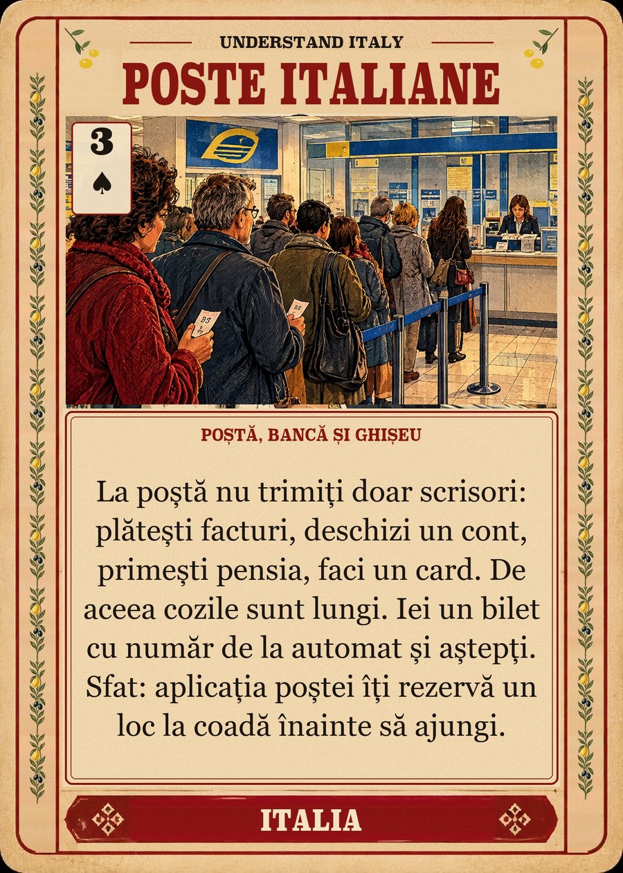 POSTE ITALIANE — poștă, bancă și ghișeu. La poștă nu trimiți doar scrisori: plătești facturi, deschizi un cont, primești pensia, faci un card. De aceea cozile sunt lungi. Iei un bilet cu număr de la automat și aștepți. Sfat: aplicația poștei îți rezervă un loc la coadă înainte să ajungi.