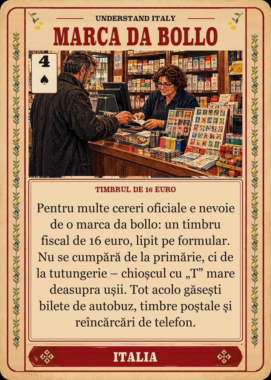 MARCA DA BOLLO — timbrul de 16 euro. Pentru multe cereri oficiale e nevoie de o marca da bollo: un timbru fiscal de 16 euro, lipit pe formular. Nu se cumpără de la primărie, ci de la tutungerie – chioșcul cu „T” mare deasupra ușii. Tot acolo găsești bilete de autobuz, timbre poștale și reîncărcări de telefon.