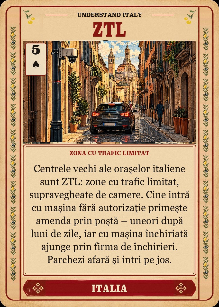 ZTL — zona cu trafic limitat. Centrele vechi ale orașelor italiene sunt ZTL: zone cu trafic limitat, supravegheate de camere. Cine intră cu mașina fără autorizație primește amenda prin poștă – uneori după luni de zile, iar cu mașina închiriată ajunge prin firma de închirieri. Parchezi afară și intri pe jos.
