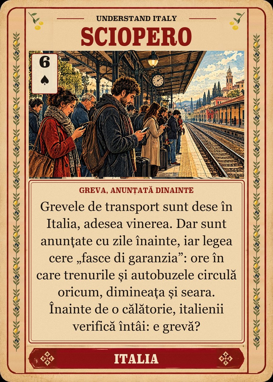 SCIOPERO — greva, anunțată dinainte. Grevele de transport sunt dese în Italia, adesea vinerea. Dar sunt anunțate cu zile înainte, iar legea cere „fasce di garanzia”: ore în care trenurile și autobuzele circulă oricum, dimineața și seara. Înainte de o călătorie, italienii verifică întâi: e grevă?