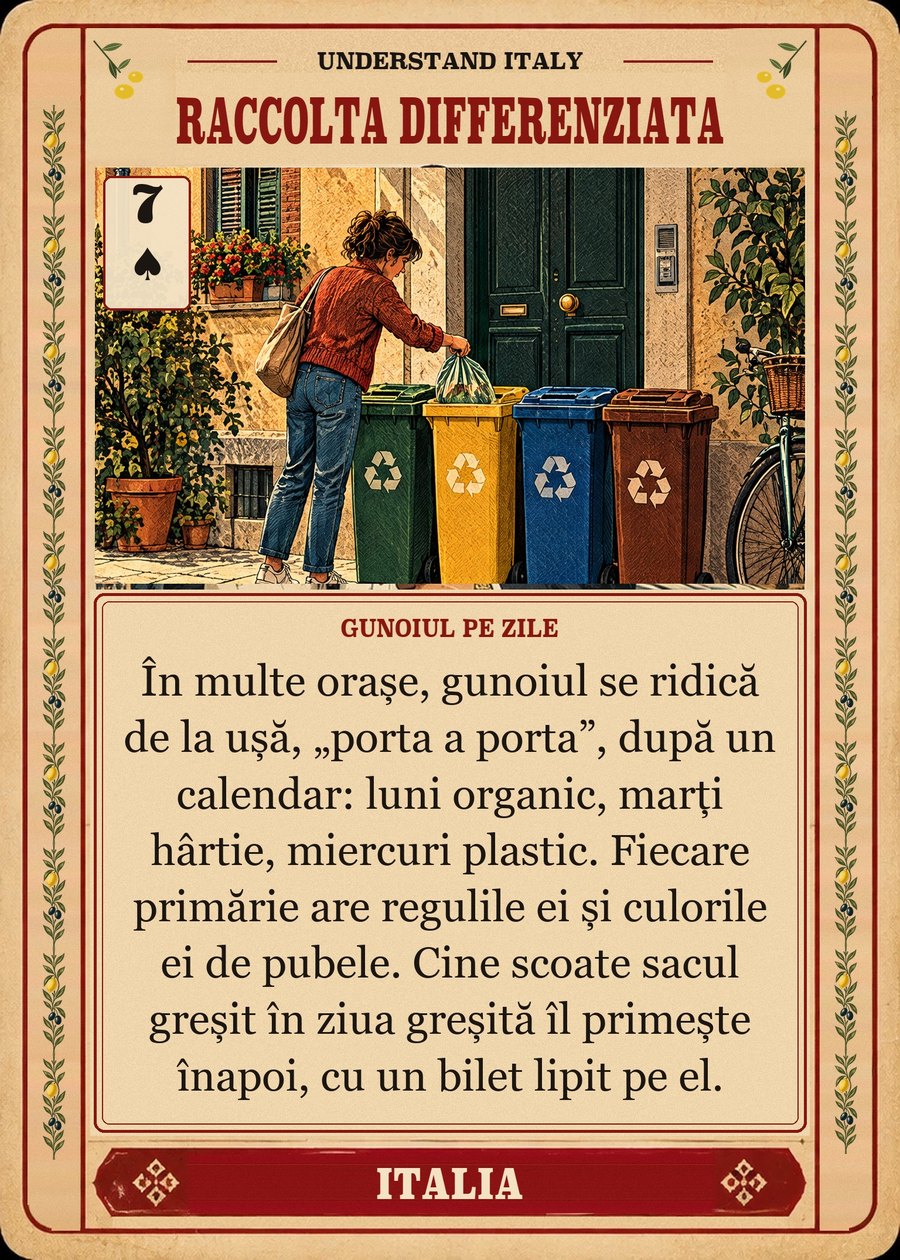RACCOLTA DIFFERENZIATA — gunoiul pe zile. În multe orașe, gunoiul se ridică de la ușă, „porta a porta”, după un calendar: luni organic, marți hârtie, miercuri plastic. Fiecare primărie are regulile ei și culorile ei de pubele. Cine scoate sacul greșit în ziua greșită îl primește înapoi, cu un bilet lipit pe el.