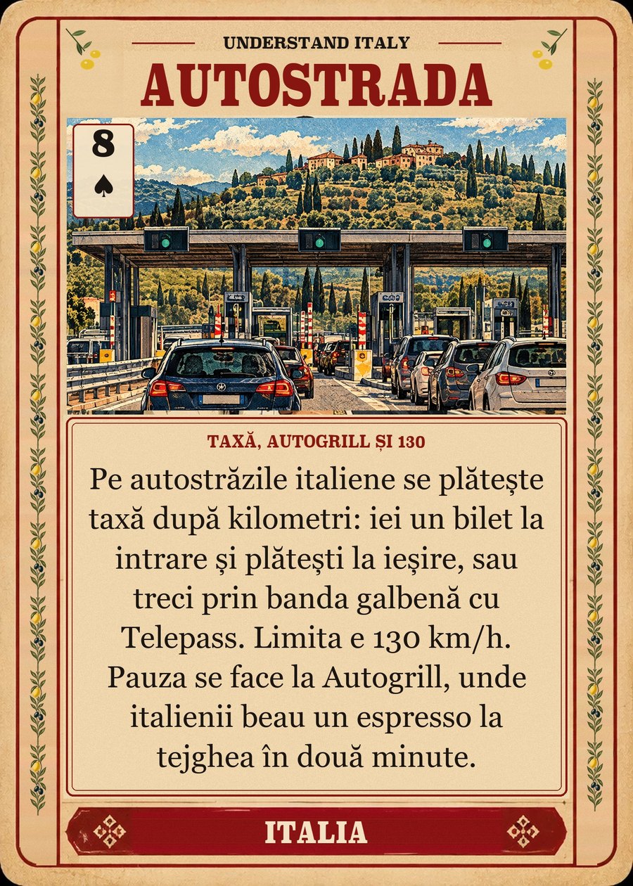 AUTOSTRADA — taxă, Autogrill și 130. Pe autostrăzile italiene se plătește taxă după kilometri: iei un bilet la intrare și plătești la ieșire, sau treci prin banda galbenă cu Telepass. Limita e 130 km/h. Pauza se face la Autogrill, unde italienii beau un espresso la tejghea în două minute.
