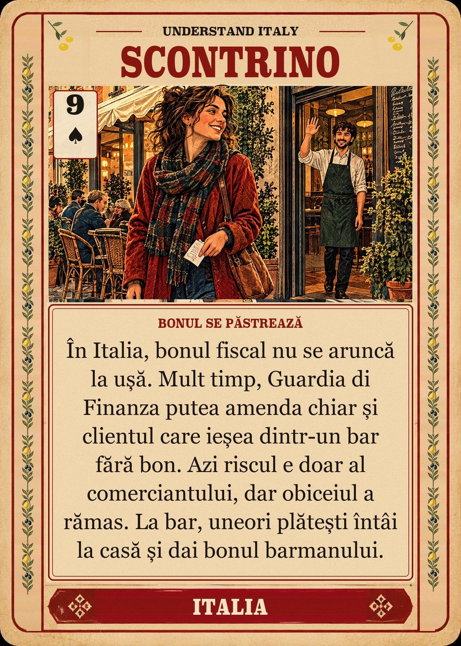SCONTRINO — bonul se păstrează. În Italia, bonul fiscal nu se aruncă la ușă. Mult timp, Guardia di Finanza putea amenda chiar și clientul care ieșea dintr-un bar fără bon. Azi riscul e doar al comerciantului, dar obiceiul a rămas. La bar, uneori plătești întâi la casă și dai bonul barmanului.