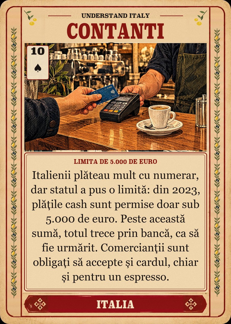 CONTANTI — limita de 5.000 de euro. Italienii plăteau mult cu numerar, dar statul a pus o limită: din 2023, plățile cash sunt permise doar sub 5.000 de euro. Peste această sumă, totul trece prin bancă, ca să fie urmărit. Comercianții sunt obligați să accepte și cardul, chiar și pentru un espresso.