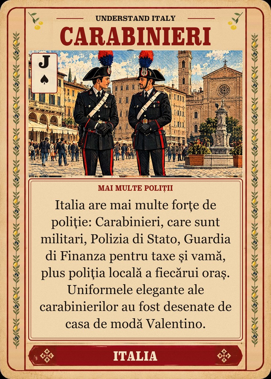 CARABINIERI — mai multe poliții. Italia are mai multe forțe de poliție: Carabinieri, care sunt militari, Polizia di Stato, Guardia di Finanza pentru taxe și vamă, plus poliția locală a fiecărui oraș. Uniformele elegante ale carabinierilor au fost desenate de casa de modă Valentino.