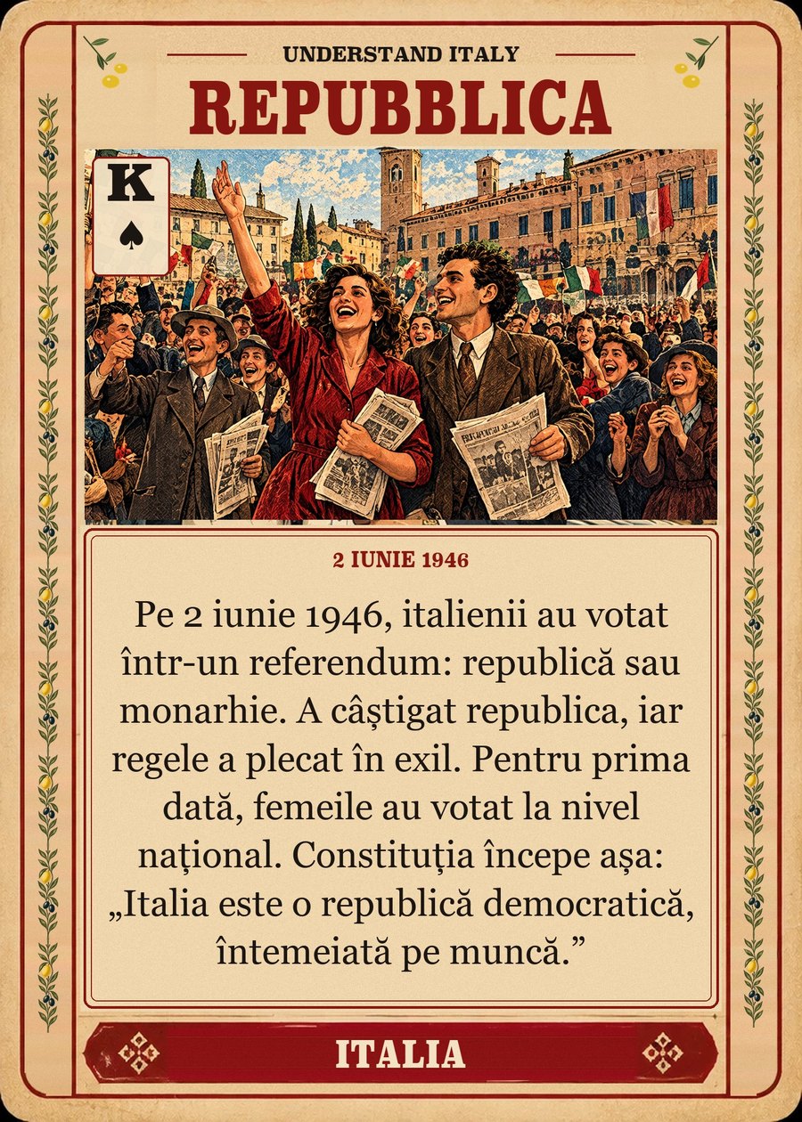 REPUBBLICA — 2 iunie 1946. Pe 2 iunie 1946, italienii au votat într-un referendum: republică sau monarhie. A câștigat republica, iar regele a plecat în exil. Pentru prima dată, femeile au votat la nivel național. Constituția începe așa: „Italia este o republică democratică, întemeiată pe muncă.”