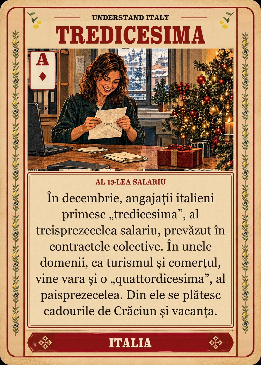 TREDICESIMA — al 13-lea salariu. În decembrie, angajații italieni primesc „tredicesima”, al treisprezecelea salariu, prevăzut în contractele colective. În unele domenii, ca turismul și comerțul, vine vara și o „quattordicesima”, al paisprezecelea. Din ele se plătesc cadourile de Crăciun și vacanța.