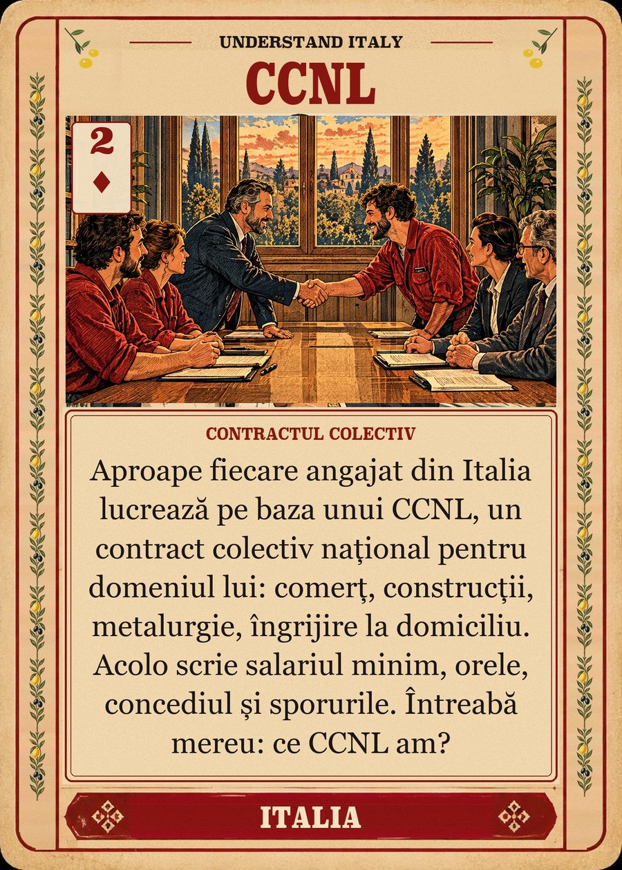 CCNL — contractul colectiv. Aproape fiecare angajat din Italia lucrează pe baza unui CCNL, un contract colectiv național pentru domeniul lui: comerț, construcții, metalurgie, îngrijire la domiciliu. Acolo scrie salariul minim, orele, concediul și sporurile. Întreabă mereu: ce CCNL am?