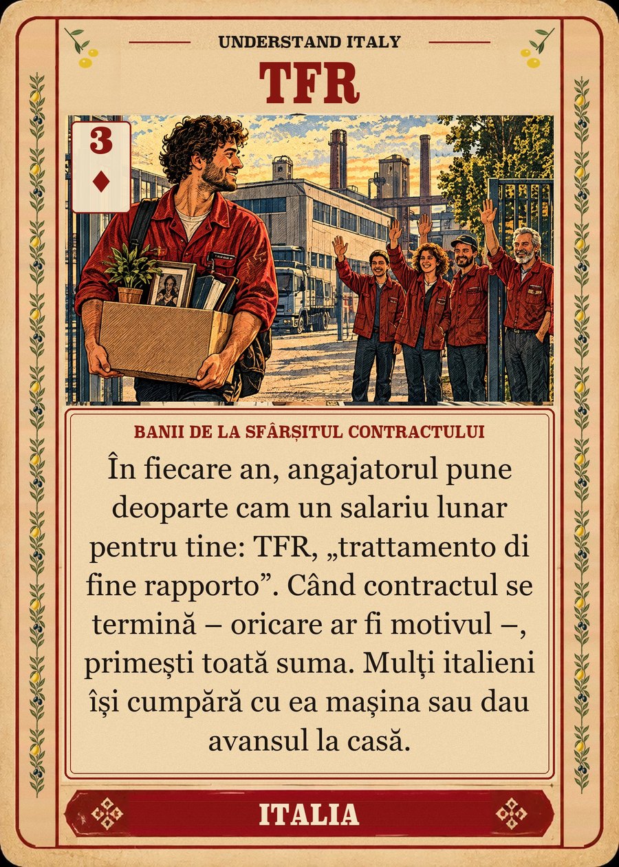 TFR — banii de la sfârșitul contractului. În fiecare an, angajatorul pune deoparte cam un salariu lunar pentru tine: TFR, „trattamento di fine rapporto”. Când contractul se termină – oricare ar fi motivul –, primești toată suma. Mulți italieni își cumpără cu ea mașina sau dau avansul la casă.