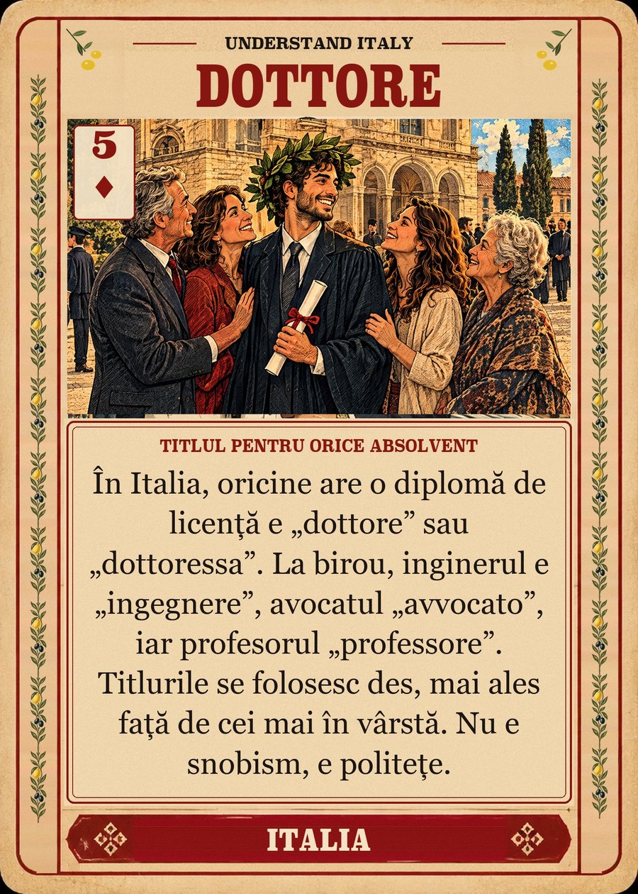 DOTTORE — titlul pentru orice absolvent. În Italia, oricine are o diplomă de licență e „dottore” sau „dottoressa”. La birou, inginerul e „ingegnere”, avocatul „avvocato”, iar profesorul „professore”. Titlurile se folosesc des, mai ales față de cei mai în vârstă. Nu e snobism, e politețe.
