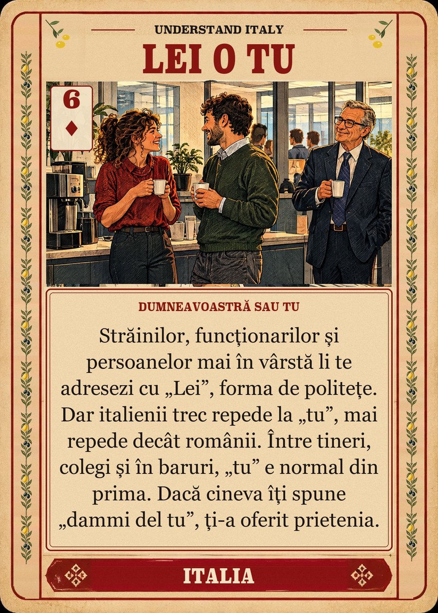 LEI O TU — dumneavoastră sau tu. Străinilor, funcționarilor și persoanelor mai în vârstă li te adresezi cu „Lei”, forma de politețe. Dar italienii trec repede la „tu”, mai repede decât românii. Între tineri, colegi și în baruri, „tu” e normal din prima. Dacă cineva îți spune „dammi del tu”, ți-a oferit prietenia.