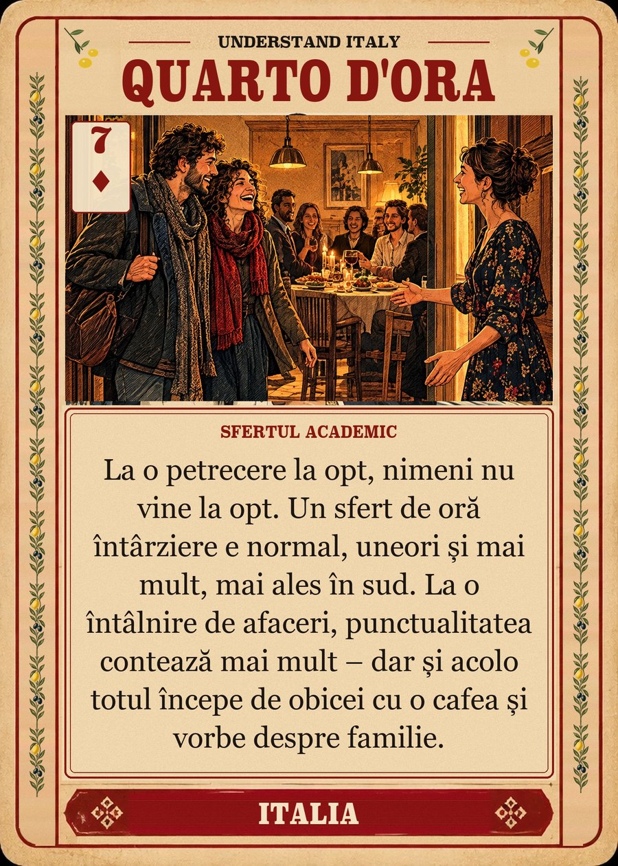 QUARTO D'ORA — sfertul academic. La o petrecere la opt, nimeni nu vine la opt. Un sfert de oră întârziere e normal, uneori și mai mult, mai ales în sud. La o întâlnire de afaceri, punctualitatea contează mai mult – dar și acolo totul începe de obicei cu o cafea și vorbe despre familie.