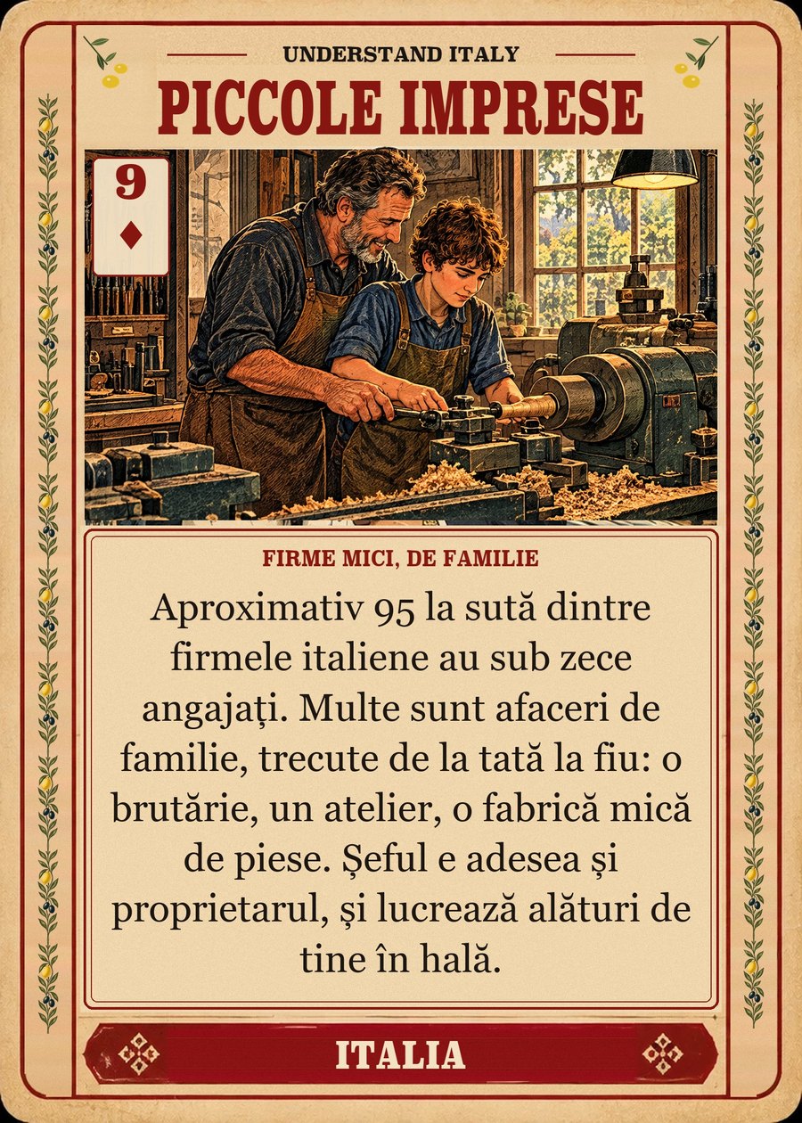 PICCOLE IMPRESE — firme mici, de familie. Aproximativ 95 la sută dintre firmele italiene au sub zece angajați. Multe sunt afaceri de familie, trecute de la tată la fiu: o brutărie, un atelier, o fabrică mică de piese. Șeful e adesea și proprietarul, și lucrează alături de tine în hală.