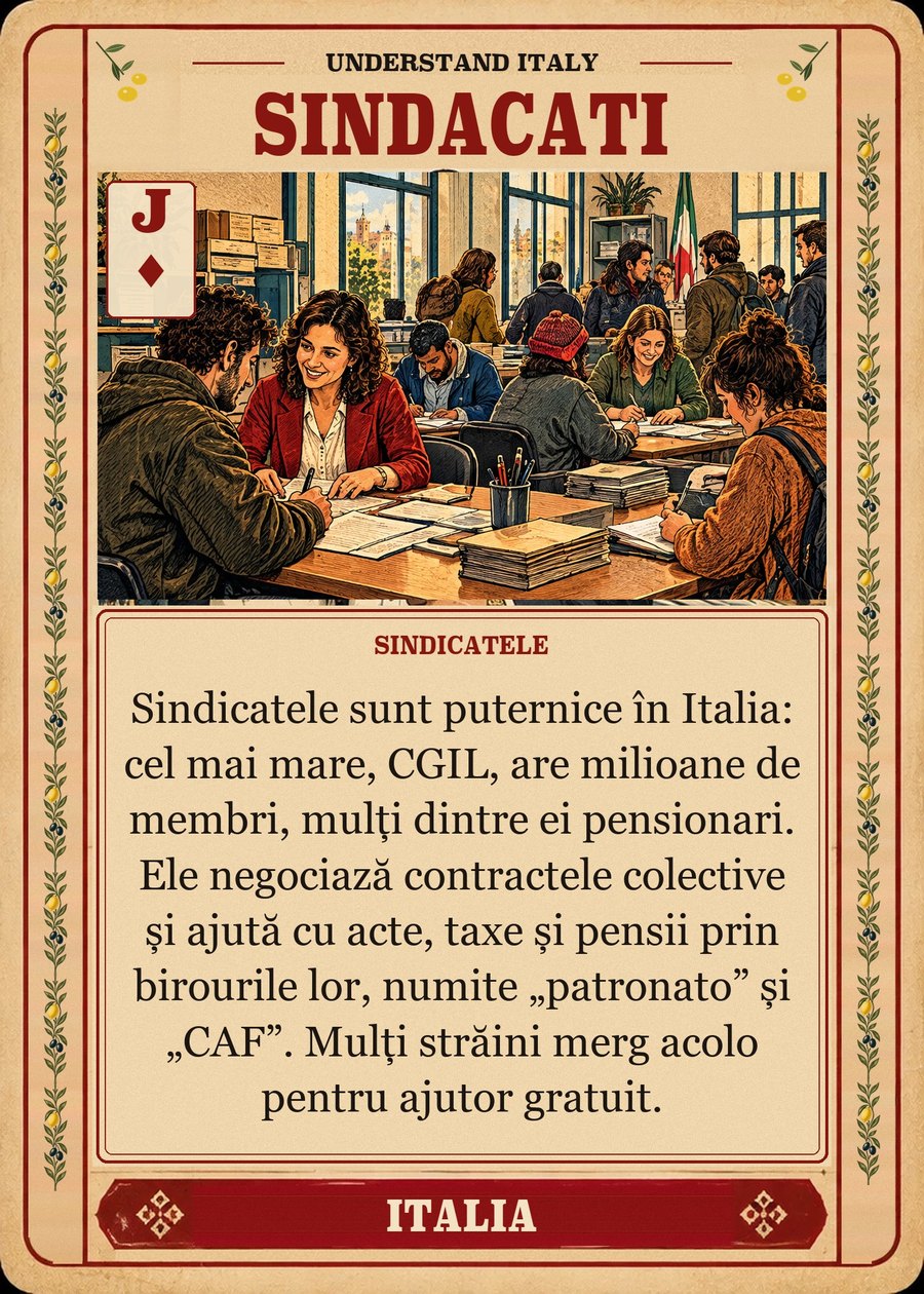 SINDACATI — sindicatele. Sindicatele sunt puternice în Italia: cel mai mare, CGIL, are milioane de membri, mulți dintre ei pensionari. Ele negociază contractele colective și ajută cu acte, taxe și pensii prin birourile lor, numite „patronato” și „CAF”. Mulți străini merg acolo pentru ajutor gratuit.