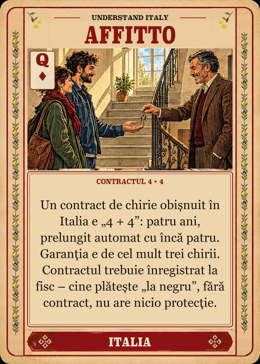 AFFITTO — contractul 4 + 4. Un contract de chirie obișnuit în Italia e „4 + 4”: patru ani, prelungit automat cu încă patru. Garanția e de cel mult trei chirii. Contractul trebuie înregistrat la fisc – cine plătește „la negru”, fără contract, nu are nicio protecție.