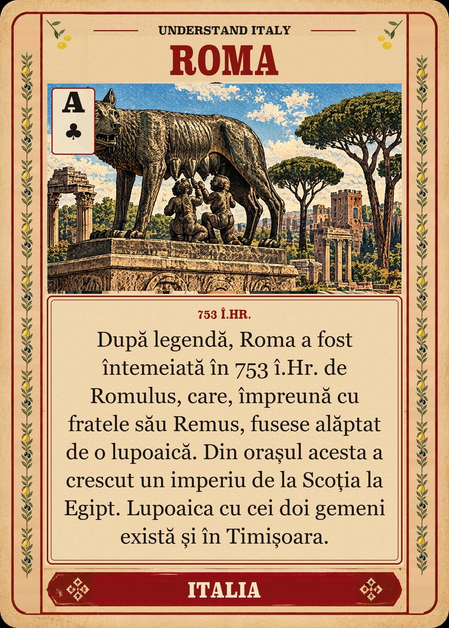 ROMA — 753 î.Hr.. După legendă, Roma a fost întemeiată în 753 î.Hr. de Romulus, care, împreună cu fratele său Remus, fusese alăptat de o lupoaică. Din orașul acesta a crescut un imperiu de la Scoția la Egipt. Lupoaica cu cei doi gemeni există și în Timișoara.