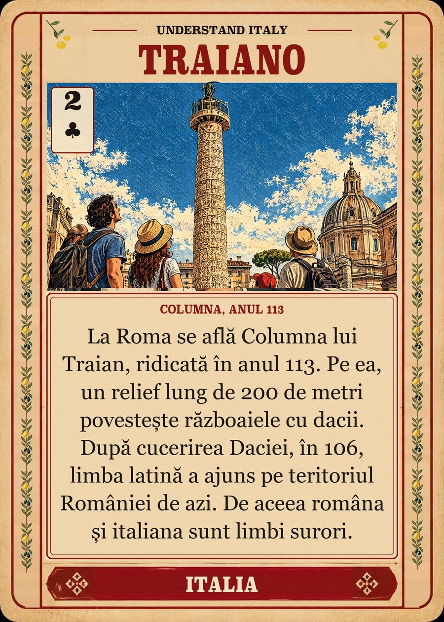 TRAIANO — Columna, anul 113. La Roma se află Columna lui Traian, ridicată în anul 113. Pe ea, un relief lung de 200 de metri povestește războaiele cu dacii. După cucerirea Daciei, în 106, limba latină a ajuns pe teritoriul României de azi. De aceea româna și italiana sunt limbi surori.