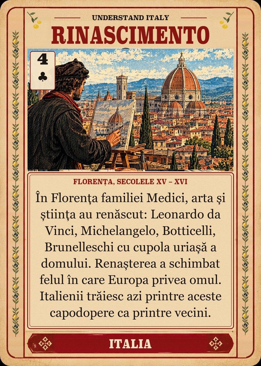 RINASCIMENTO — Florența, secolele XV – XVI. În Florența familiei Medici, arta și știința au renăscut: Leonardo da Vinci, Michelangelo, Botticelli, Brunelleschi cu cupola uriașă a domului. Renașterea a schimbat felul în care Europa privea omul. Italienii trăiesc azi printre aceste capodopere ca printre vecini.