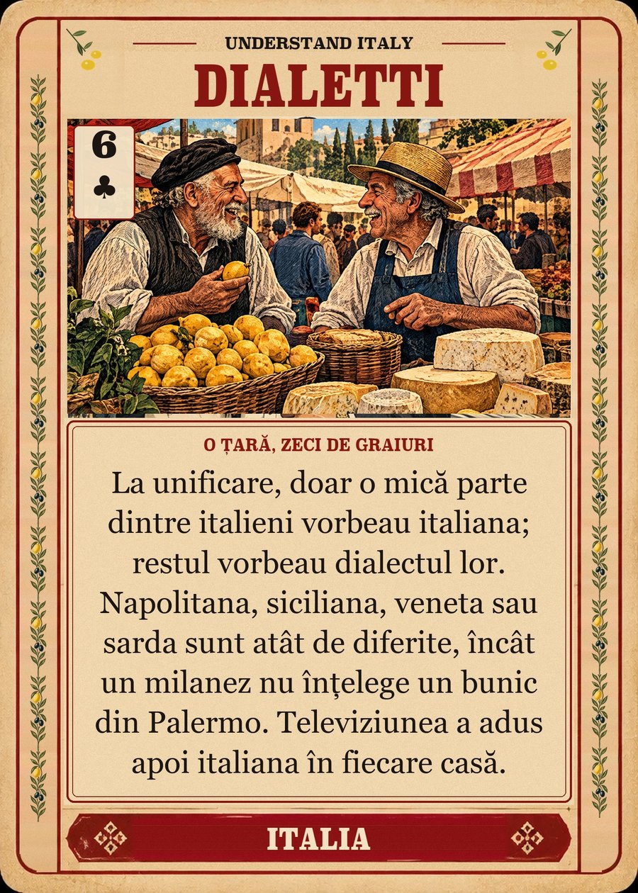 DIALETTI — o țară, zeci de graiuri. La unificare, doar o mică parte dintre italieni vorbeau italiana; restul vorbeau dialectul lor. Napolitana, siciliana, veneta sau sarda sunt atât de diferite, încât un milanez nu înțelege un bunic din Palermo. Televiziunea a adus apoi italiana în fiecare casă.