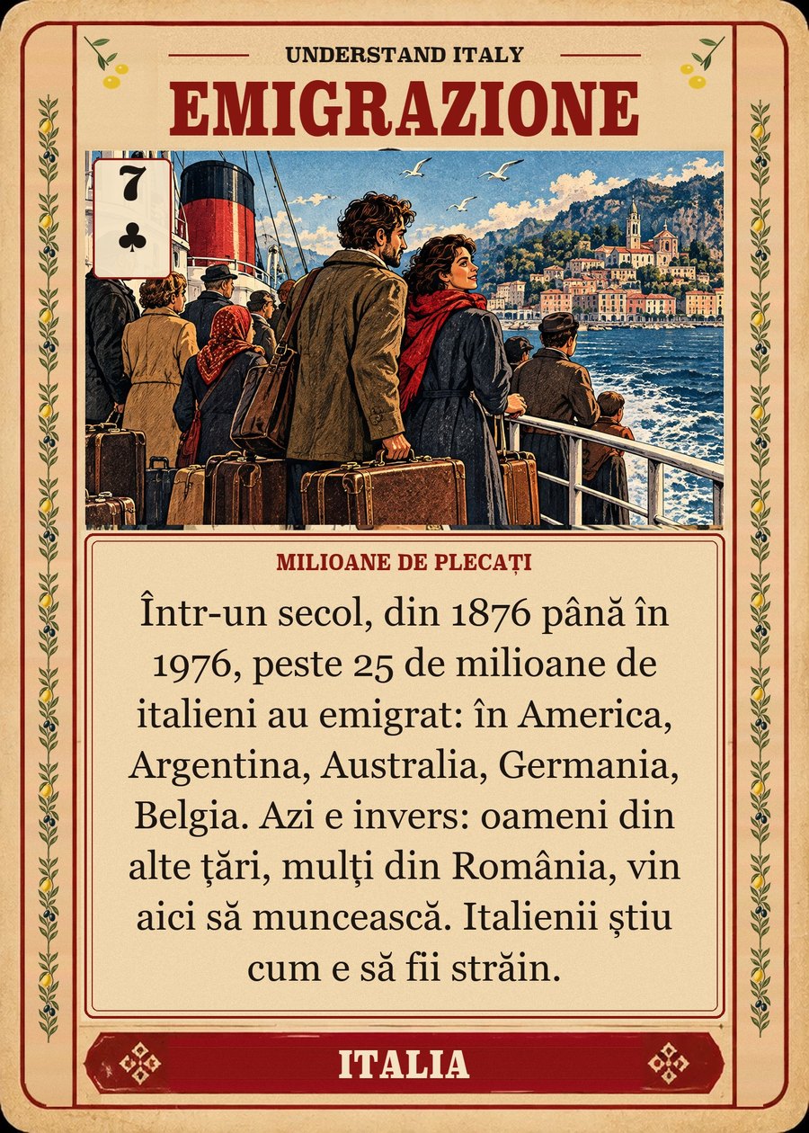 EMIGRAZIONE — milioane de plecați. Într-un secol, din 1876 până în 1976, peste 25 de milioane de italieni au emigrat: în America, Argentina, Australia, Germania, Belgia. Azi e invers: oameni din alte țări, mulți din România, vin aici să muncească. Italienii știu cum e să fii străin.