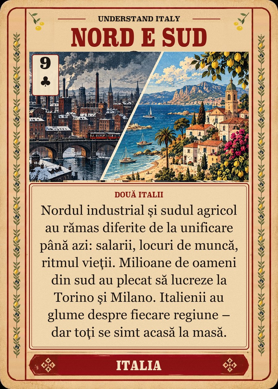 NORD E SUD — două Italii. Nordul industrial și sudul agricol au rămas diferite de la unificare până azi: salarii, locuri de muncă, ritmul vieții. Milioane de oameni din sud au plecat să lucreze la Torino și Milano. Italienii au glume despre fiecare regiune – dar toți se simt acasă la masă.