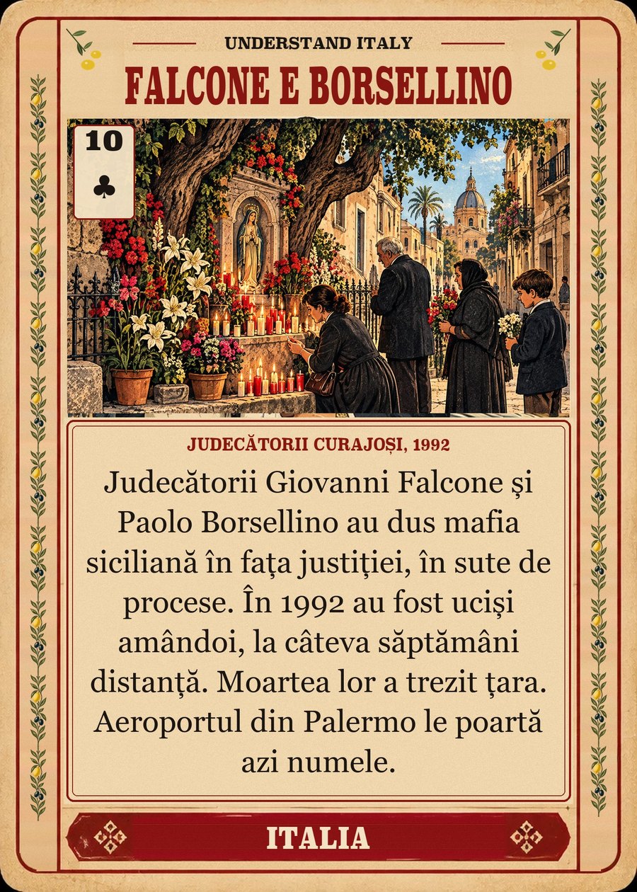 FALCONE E BORSELLINO — judecătorii curajoși, 1992. Judecătorii Giovanni Falcone și Paolo Borsellino au dus mafia siciliană în fața justiției, în sute de procese. În 1992 au fost uciși amândoi, la câteva săptămâni distanță. Moartea lor a trezit țara. Aeroportul din Palermo le poartă azi numele.