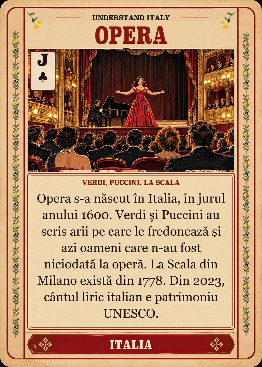 OPERA — Verdi, Puccini, La Scala. Opera s-a născut în Italia, în jurul anului 1600. Verdi și Puccini au scris arii pe care le fredonează și azi oameni care n-au fost niciodată la operă. La Scala din Milano există din 1778. Din 2023, cântul liric italian e patrimoniu UNESCO.