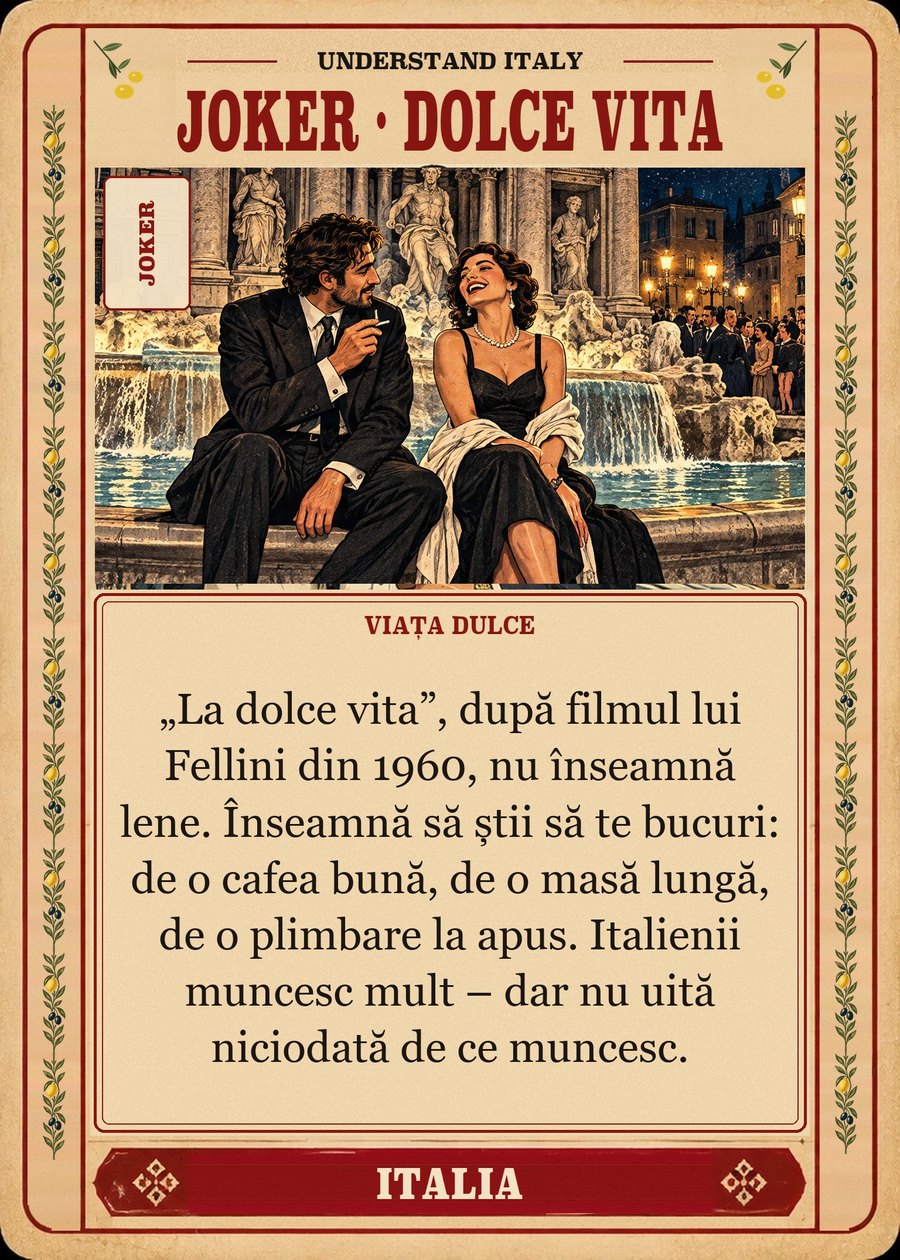 JOKER · DOLCE VITA — viața dulce. „La dolce vita”, după filmul lui Fellini din 1960, nu înseamnă lene. Înseamnă să știi să te bucuri: de o cafea bună, de o masă lungă, de o plimbare la apus. Italienii muncesc mult – dar nu uită niciodată de ce muncesc.