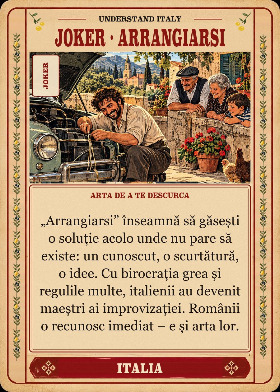 JOKER · ARRANGIARSI — arta de a te descurca. „Arrangiarsi” înseamnă să găsești o soluție acolo unde nu pare să existe: un cunoscut, o scurtătură, o idee. Cu birocrația grea și regulile multe, italienii au devenit maeștri ai improvizației. Românii o recunosc imediat – e și arta lor.