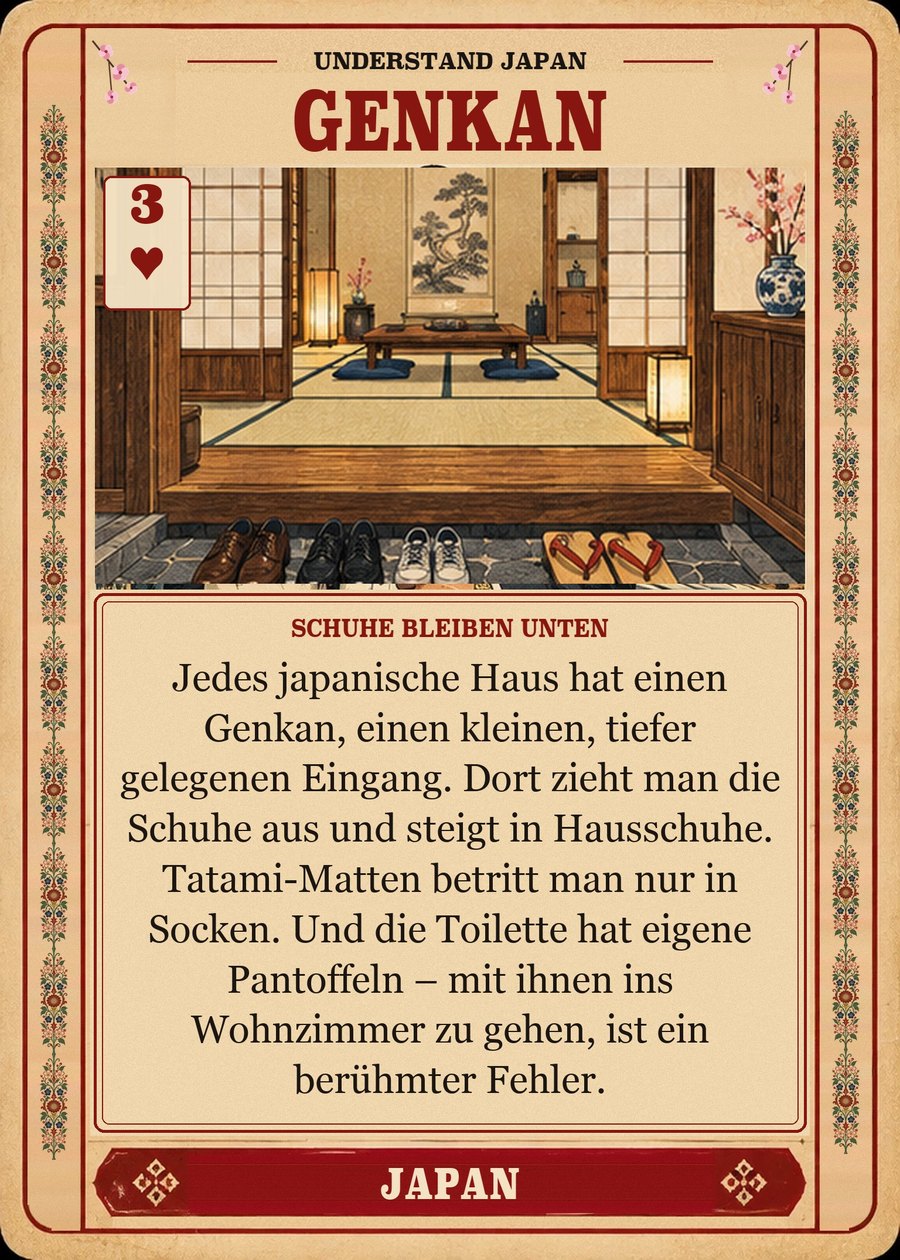 GENKAN — Schuhe bleiben unten. Jedes japanische Haus hat einen Genkan, einen kleinen, tiefer gelegenen Eingang. Dort zieht man die Schuhe aus und steigt in Hausschuhe. Tatami-Matten betritt man nur in Socken. Und die Toilette hat eigene Pantoffeln – mit ihnen ins Wohnzimmer zu gehen, ist ein berühmter Fehler.