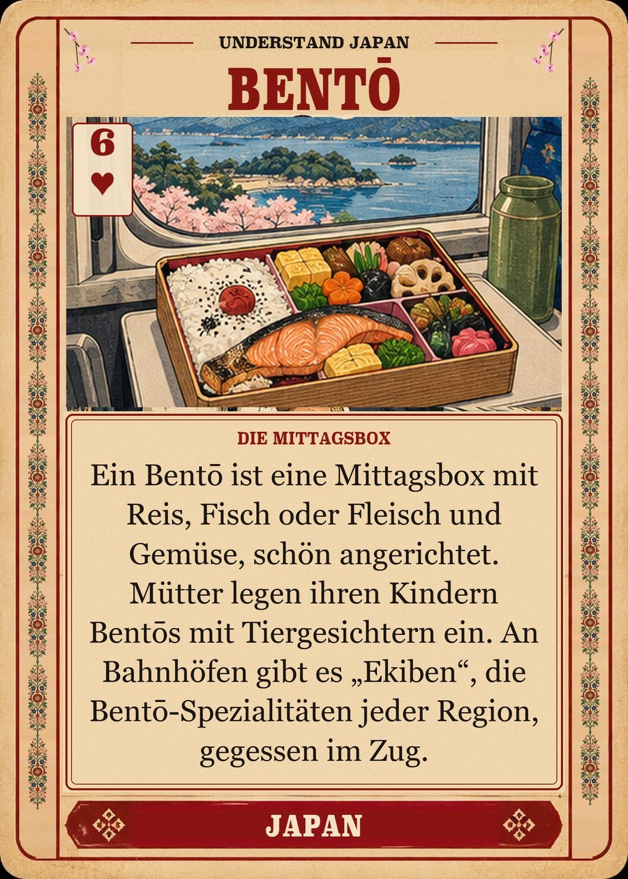 BENTŌ — die Mittagsbox. Ein Bentō ist eine Mittagsbox mit Reis, Fisch oder Fleisch und Gemüse, schön angerichtet. Mütter legen ihren Kindern Bentōs mit Tiergesichtern ein. An Bahnhöfen gibt es „Ekiben“, die Bentō-Spezialitäten jeder Region, gegessen im Zug.
