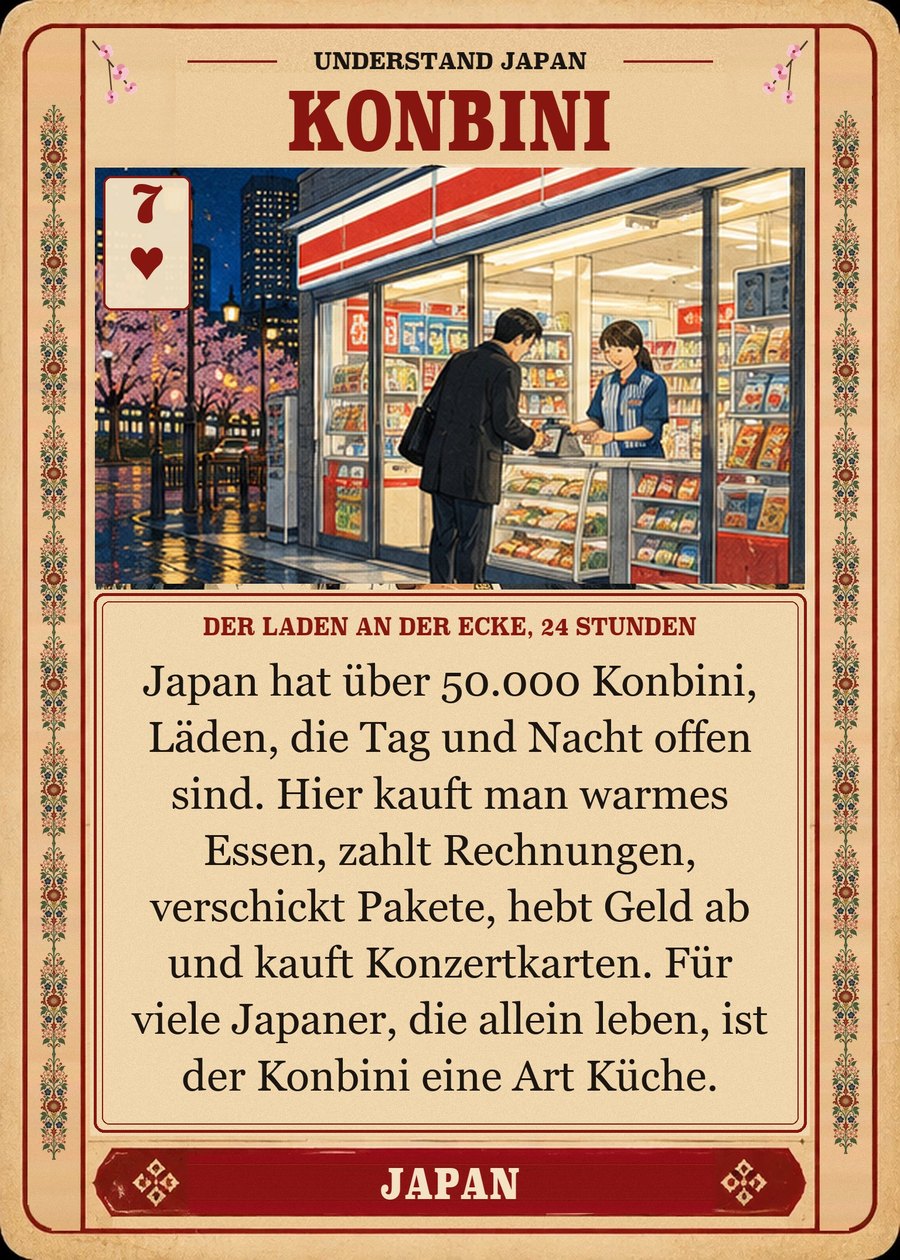 KONBINI — der Laden an der Ecke, 24 Stunden. Japan hat über 50.000 Konbini, Läden, die Tag und Nacht offen sind. Hier kauft man warmes Essen, zahlt Rechnungen, verschickt Pakete, hebt Geld ab und kauft Konzertkarten. Für viele Japaner, die allein leben, ist der Konbini eine Art Küche.