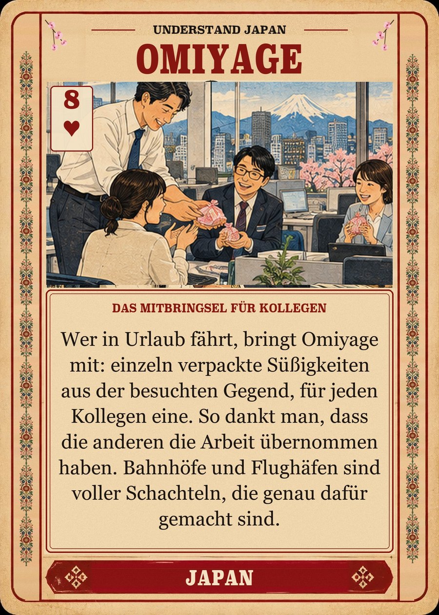 OMIYAGE — das Mitbringsel für Kollegen. Wer in Urlaub fährt, bringt Omiyage mit: einzeln verpackte Süßigkeiten aus der besuchten Gegend, für jeden Kollegen eine. So dankt man, dass die anderen die Arbeit übernommen haben. Bahnhöfe und Flughäfen sind voller Schachteln, die genau dafür gemacht sind.