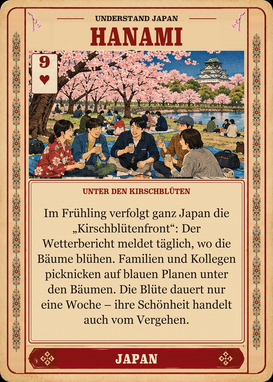 HANAMI — unter den Kirschblüten. Im Frühling verfolgt ganz Japan die „Kirschblütenfront“: Der Wetterbericht meldet täglich, wo die Bäume blühen. Familien und Kollegen picknicken auf blauen Planen unter den Bäumen. Die Blüte dauert nur eine Woche – ihre Schönheit handelt auch vom Vergehen.