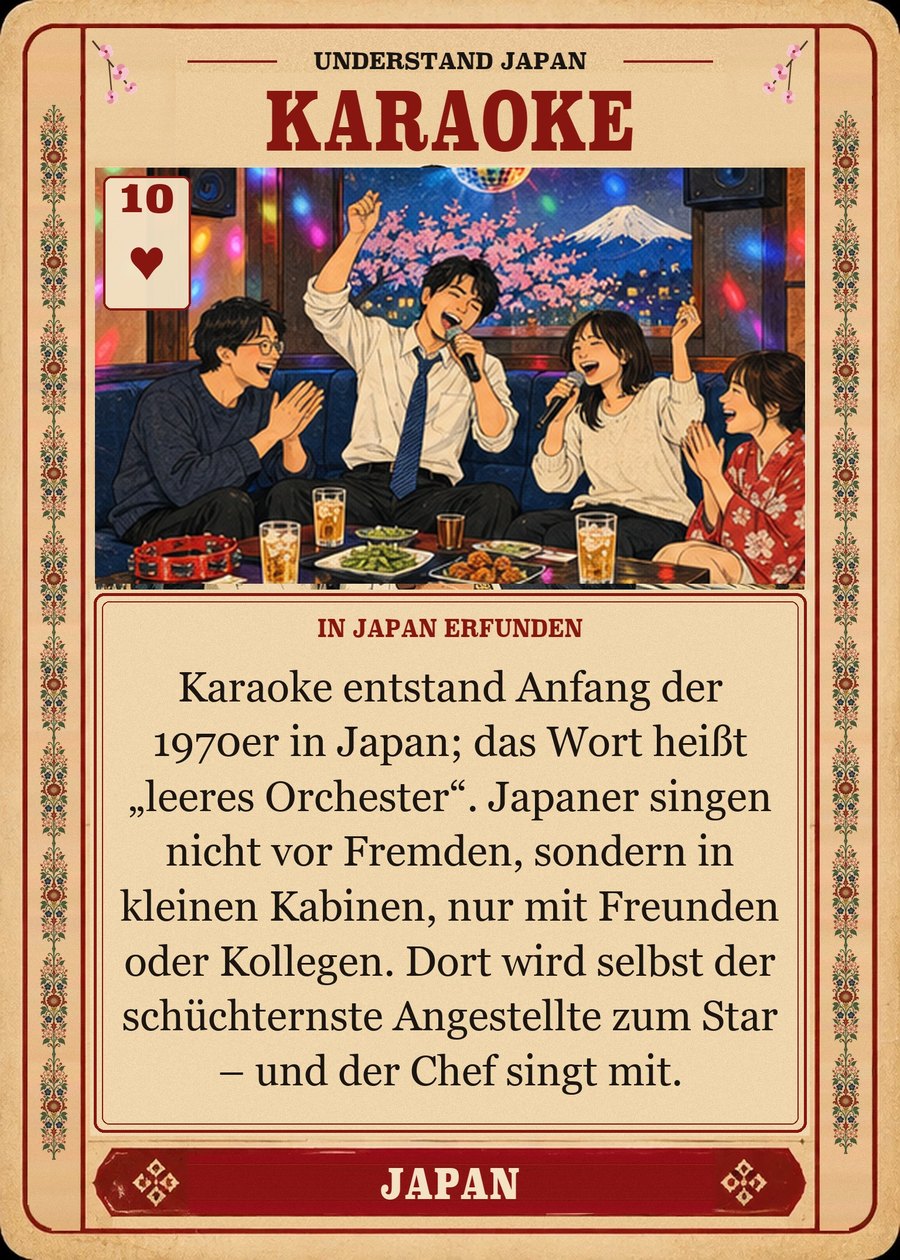 KARAOKE — in Japan erfunden. Karaoke entstand Anfang der 1970er in Japan; das Wort heißt „leeres Orchester“. Japaner singen nicht vor Fremden, sondern in kleinen Kabinen, nur mit Freunden oder Kollegen. Dort wird selbst der schüchternste Angestellte zum Star – und der Chef singt mit.