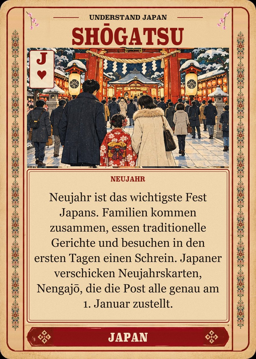 SHŌGATSU — Neujahr. Neujahr ist das wichtigste Fest Japans. Familien kommen zusammen, essen traditionelle Gerichte und besuchen in den ersten Tagen einen Schrein. Japaner verschicken Neujahrskarten, Nengajō, die die Post alle genau am 1. Januar zustellt.