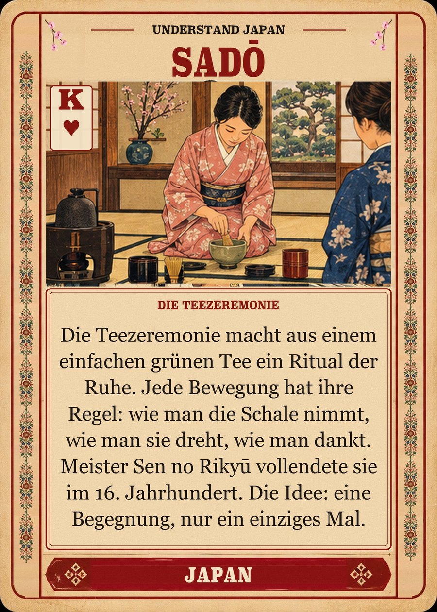 SADŌ — die Teezeremonie. Die Teezeremonie macht aus einem einfachen grünen Tee ein Ritual der Ruhe. Jede Bewegung hat ihre Regel: wie man die Schale nimmt, wie man sie dreht, wie man dankt. Meister Sen no Rikyū vollendete sie im 16. Jahrhundert. Die Idee: eine Begegnung, nur ein einziges Mal.