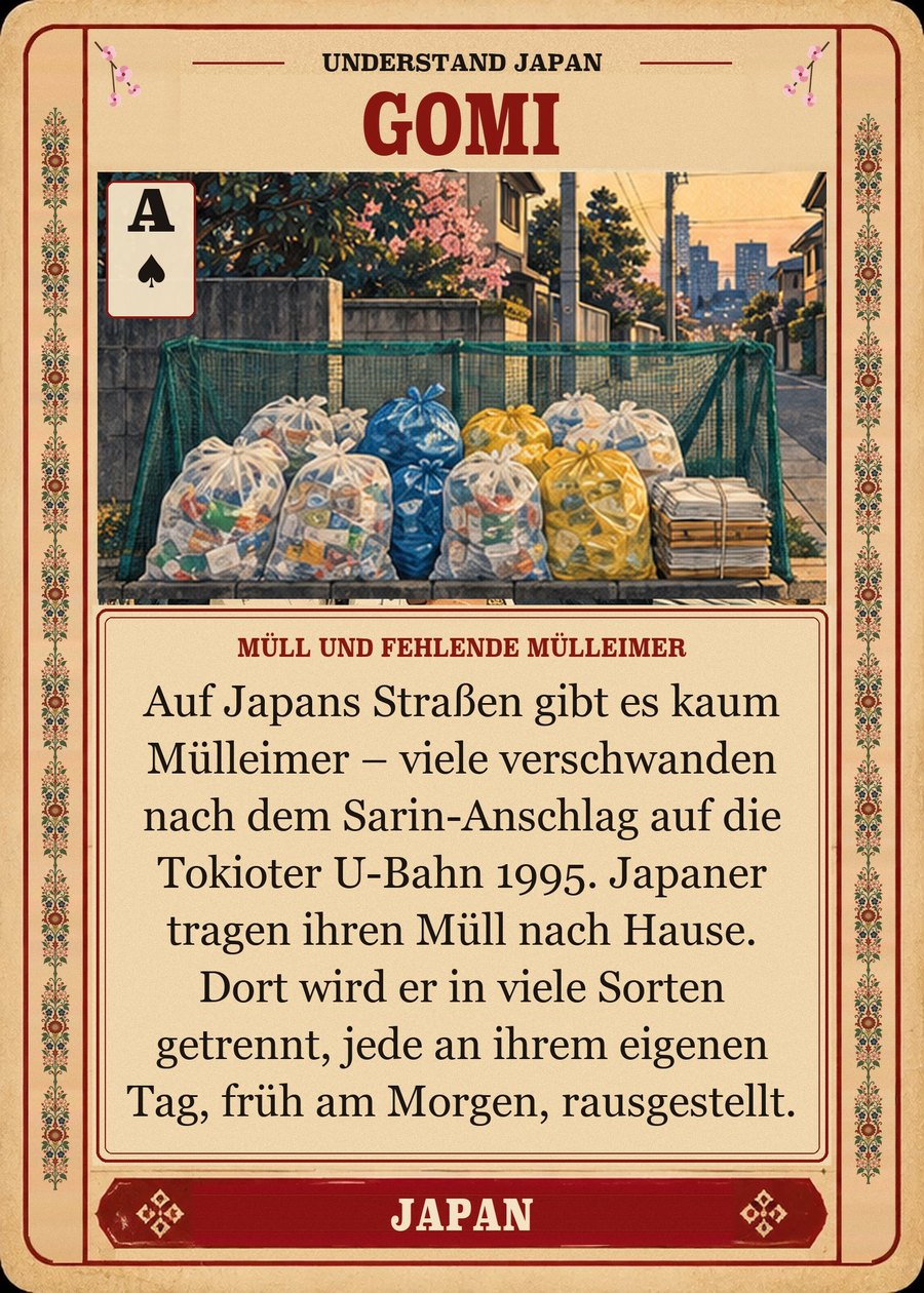 GOMI — Müll und fehlende Mülleimer. Auf Japans Straßen gibt es kaum Mülleimer – viele verschwanden nach dem Sarin-Anschlag auf die Tokioter U-Bahn 1995. Japaner tragen ihren Müll nach Hause. Dort wird er in viele Sorten getrennt, jede an ihrem eigenen Tag, früh am Morgen, rausgestellt.