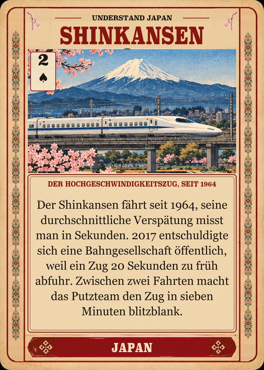 SHINKANSEN — der Hochgeschwindigkeitszug, seit 1964. Der Shinkansen fährt seit 1964, seine durchschnittliche Verspätung misst man in Sekunden. 2017 entschuldigte sich eine Bahngesellschaft öffentlich, weil ein Zug 20 Sekunden zu früh abfuhr. Zwischen zwei Fahrten macht das Putzteam den Zug in sieben Minuten blitzblank.