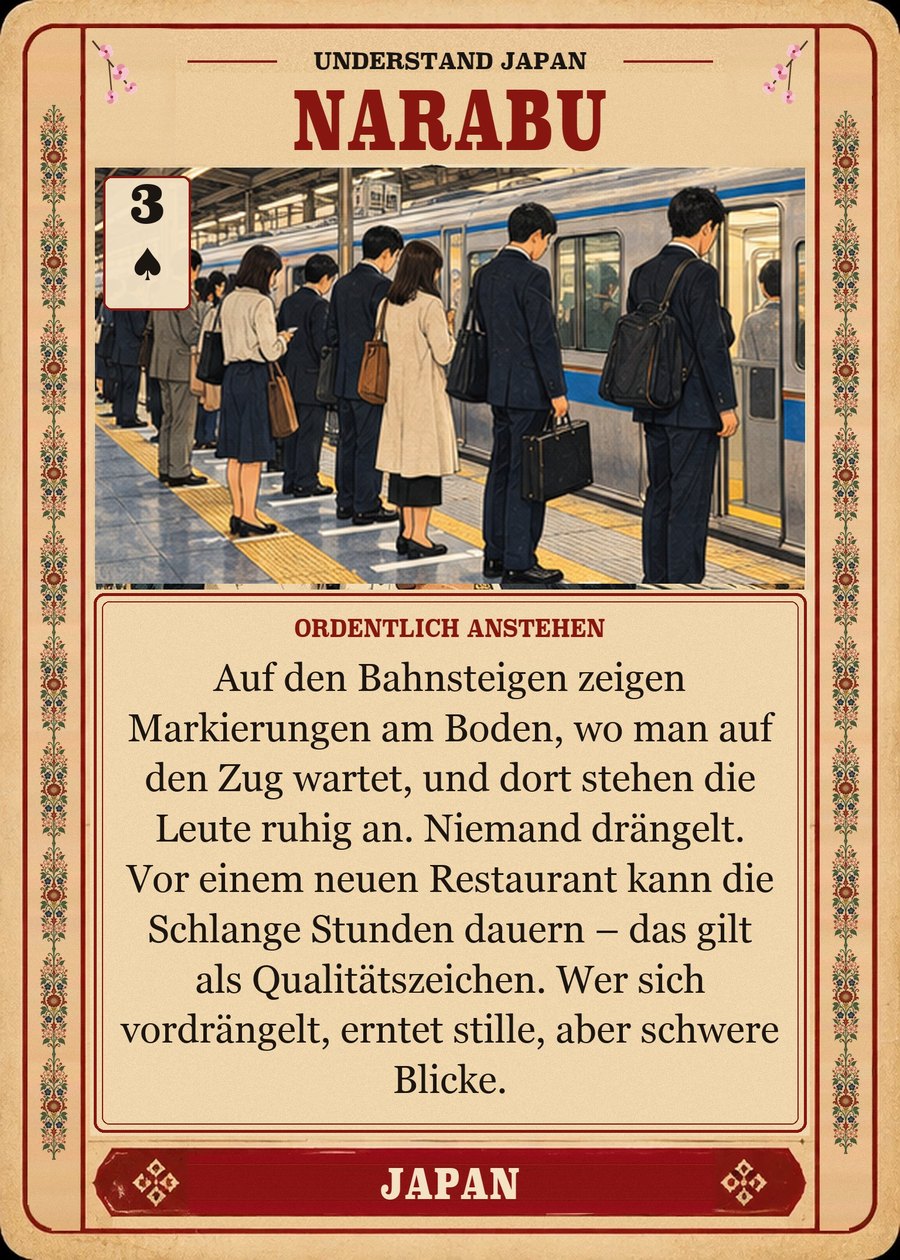 NARABU — ordentlich anstehen. Auf den Bahnsteigen zeigen Markierungen am Boden, wo man auf den Zug wartet, und dort stehen die Leute ruhig an. Niemand drängelt. Vor einem neuen Restaurant kann die Schlange Stunden dauern – das gilt als Qualitätszeichen. Wer sich vordrängelt, erntet stille, aber schwere Blicke.