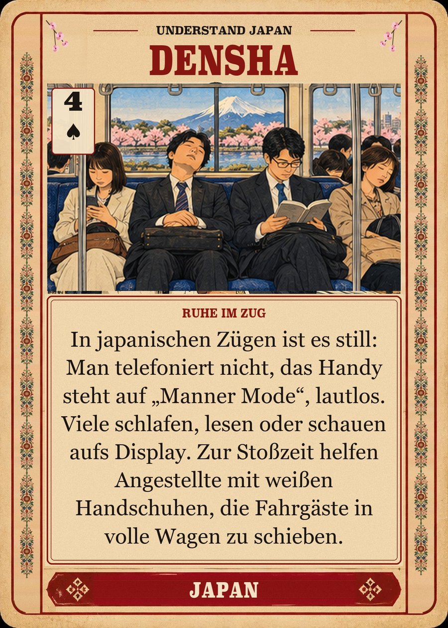 DENSHA — Ruhe im Zug. In japanischen Zügen ist es still: Man telefoniert nicht, das Handy steht auf „Manner Mode“, lautlos. Viele schlafen, lesen oder schauen aufs Display. Zur Stoßzeit helfen Angestellte mit weißen Handschuhen, die Fahrgäste in volle Wagen zu schieben.