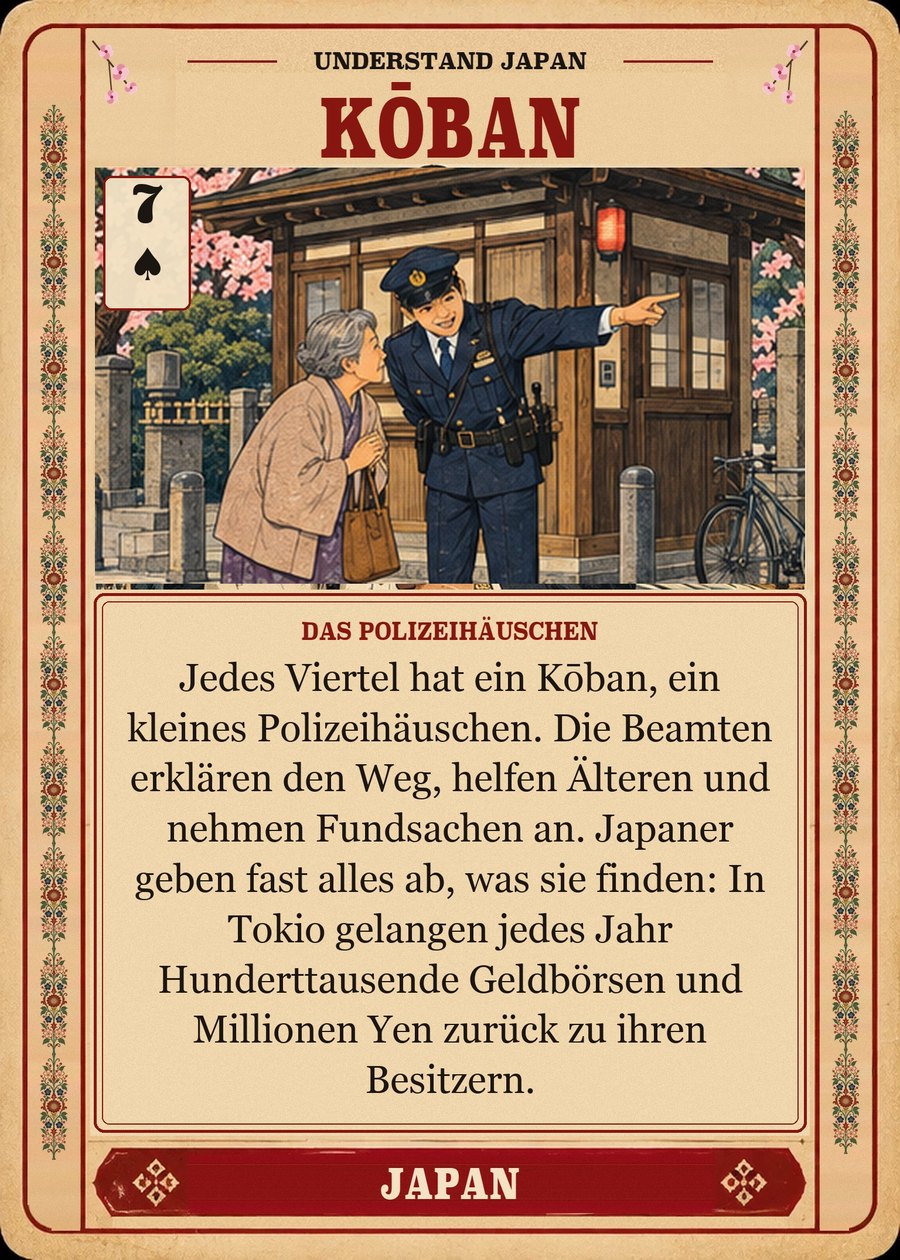 KŌBAN — das Polizeihäuschen. Jedes Viertel hat ein Kōban, ein kleines Polizeihäuschen. Die Beamten erklären den Weg, helfen Älteren und nehmen Fundsachen an. Japaner geben fast alles ab, was sie finden: In Tokio gelangen jedes Jahr Hunderttausende Geldbörsen und Millionen Yen zurück zu ihren Besitzern.