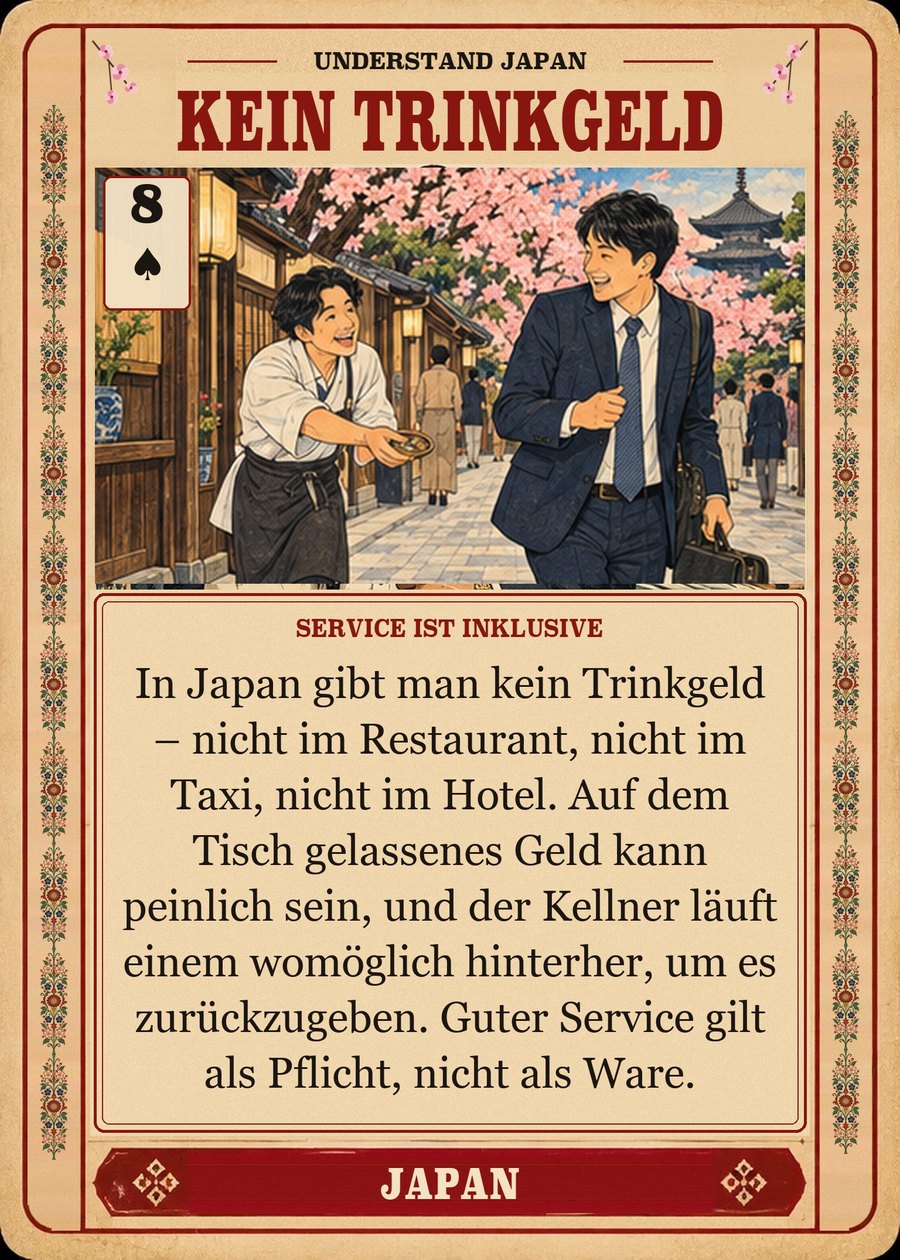 KEIN TRINKGELD — Service ist inklusive. In Japan gibt man kein Trinkgeld – nicht im Restaurant, nicht im Taxi, nicht im Hotel. Auf dem Tisch gelassenes Geld kann peinlich sein, und der Kellner läuft einem womöglich hinterher, um es zurückzugeben. Guter Service gilt als Pflicht, nicht als Ware.