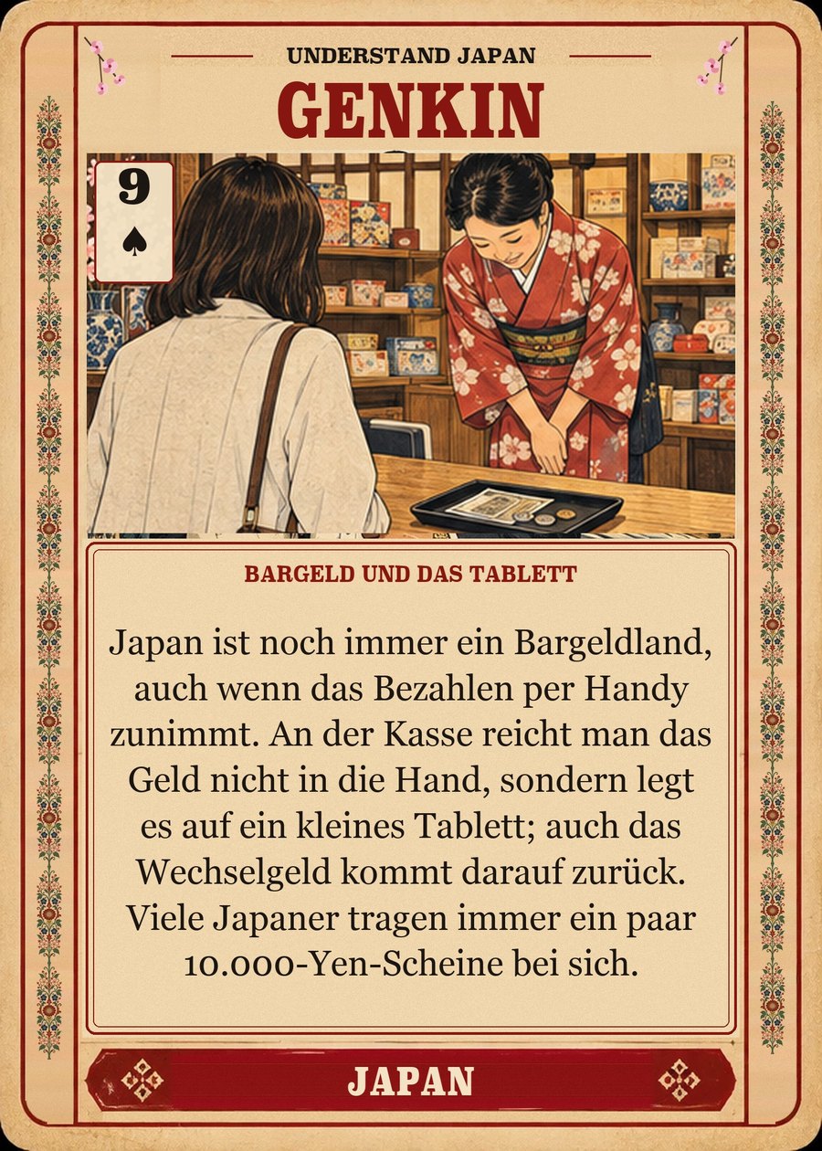 GENKIN — Bargeld und das Tablett. Japan ist noch immer ein Bargeldland, auch wenn das Bezahlen per Handy zunimmt. An der Kasse reicht man das Geld nicht in die Hand, sondern legt es auf ein kleines Tablett; auch das Wechselgeld kommt darauf zurück. Viele Japaner tragen immer ein paar 10.000-Yen-Scheine bei sich.