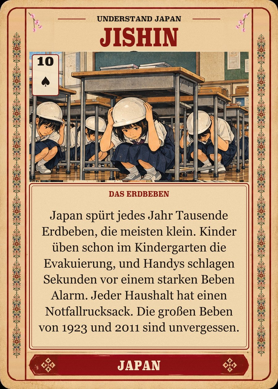 JISHIN — das Erdbeben. Japan spürt jedes Jahr Tausende Erdbeben, die meisten klein. Kinder üben schon im Kindergarten die Evakuierung, und Handys schlagen Sekunden vor einem starken Beben Alarm. Jeder Haushalt hat einen Notfallrucksack. Die großen Beben von 1923 und 2011 sind unvergessen.
