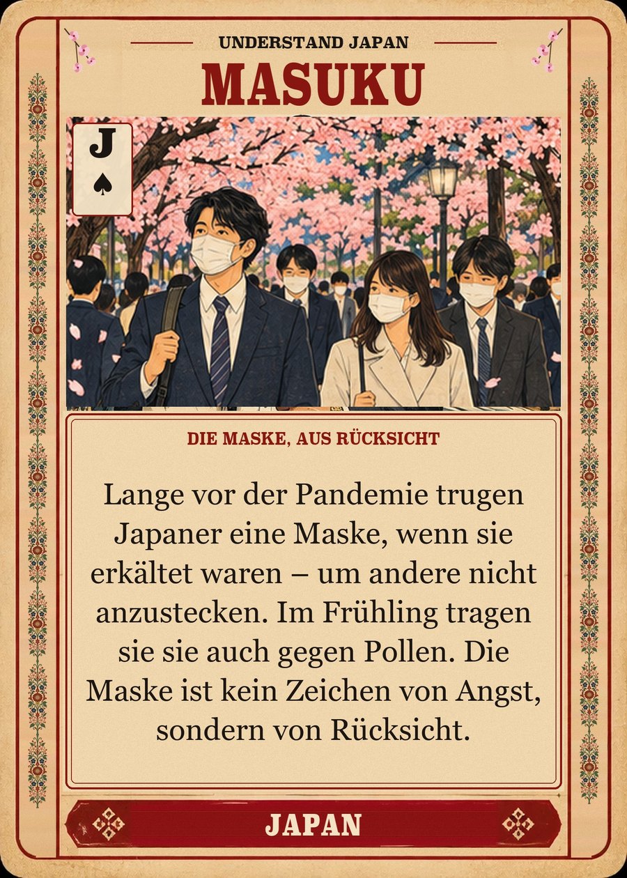 MASUKU — die Maske, aus Rücksicht. Lange vor der Pandemie trugen Japaner eine Maske, wenn sie erkältet waren – um andere nicht anzustecken. Im Frühling tragen sie sie auch gegen Pollen. Die Maske ist kein Zeichen von Angst, sondern von Rücksicht.