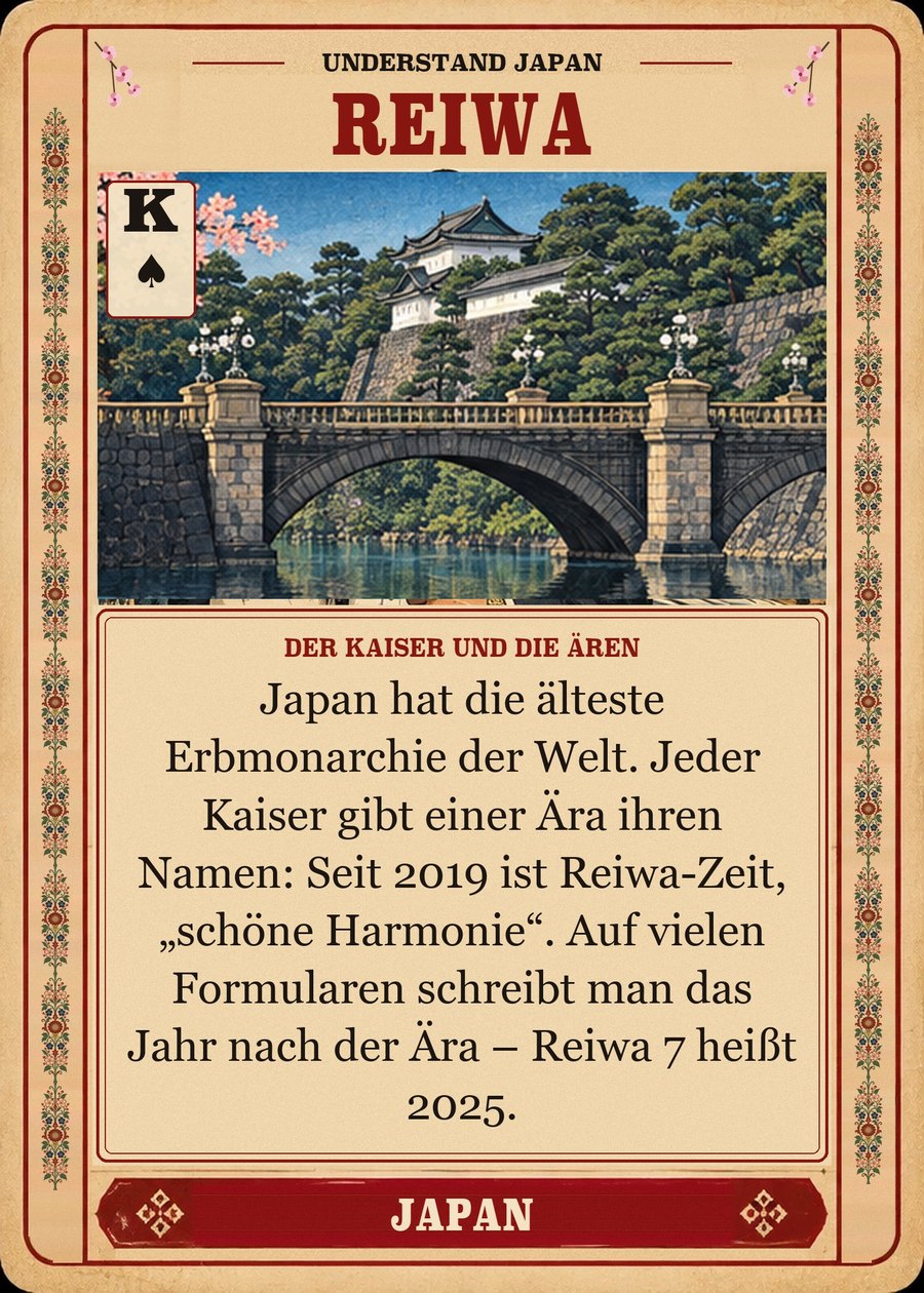 REIWA — der Kaiser und die Ären. Japan hat die älteste Erbmonarchie der Welt. Jeder Kaiser gibt einer Ära ihren Namen: Seit 2019 ist Reiwa-Zeit, „schöne Harmonie“. Auf vielen Formularen schreibt man das Jahr nach der Ära – Reiwa 7 heißt 2025.