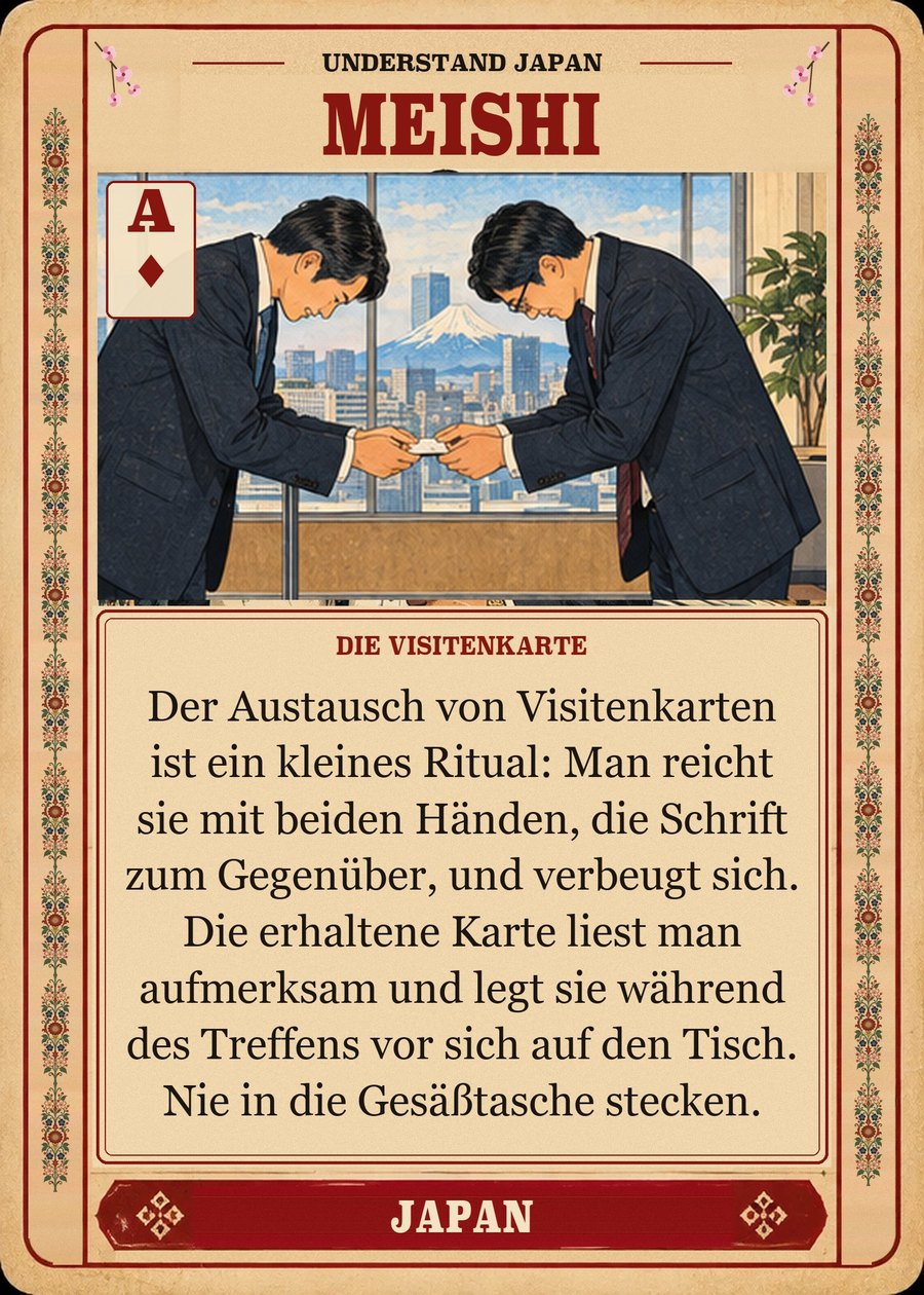 MEISHI — die Visitenkarte. Der Austausch von Visitenkarten ist ein kleines Ritual: Man reicht sie mit beiden Händen, die Schrift zum Gegenüber, und verbeugt sich. Die erhaltene Karte liest man aufmerksam und legt sie während des Treffens vor sich auf den Tisch. Nie in die Gesäßtasche stecken.