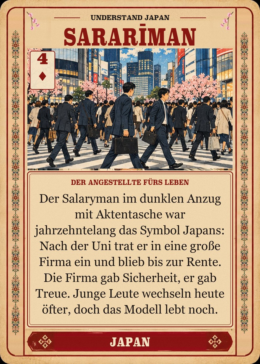 SARARĪMAN — der Angestellte fürs Leben. Der Salaryman im dunklen Anzug mit Aktentasche war jahrzehntelang das Symbol Japans: Nach der Uni trat er in eine große Firma ein und blieb bis zur Rente. Die Firma gab Sicherheit, er gab Treue. Junge Leute wechseln heute öfter, doch das Modell lebt noch.