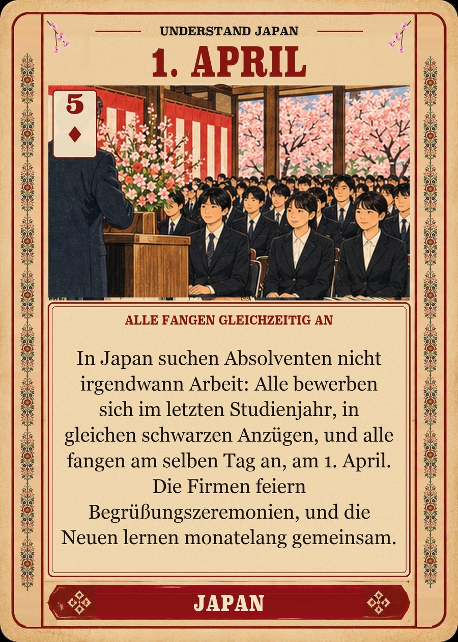 1. APRIL — alle fangen gleichzeitig an. In Japan suchen Absolventen nicht irgendwann Arbeit: Alle bewerben sich im letzten Studienjahr, in gleichen schwarzen Anzügen, und alle fangen am selben Tag an, am 1. April. Die Firmen feiern Begrüßungszeremonien, und die Neuen lernen monatelang gemeinsam.